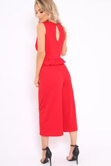 Red Plunge Neck Frill Waist Culottes Jumpsuit - Camille-Jumpsuits