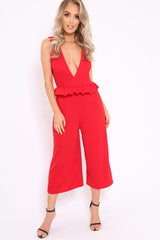 Red Plunge Neck Frill Waist Culottes Jumpsuit - Camille-Jumpsuits