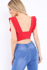 Red Plunge Ruffle Crop Top - Sofia-Crop Tops
