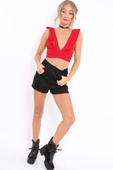 Red Plunge Ruffle Crop Top With Cut Out Back - Nia-Crop Tops