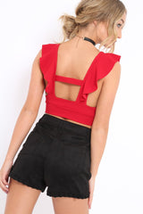 Red Plunge Ruffle Crop Top With Cut Out Back - Nia-Crop Tops