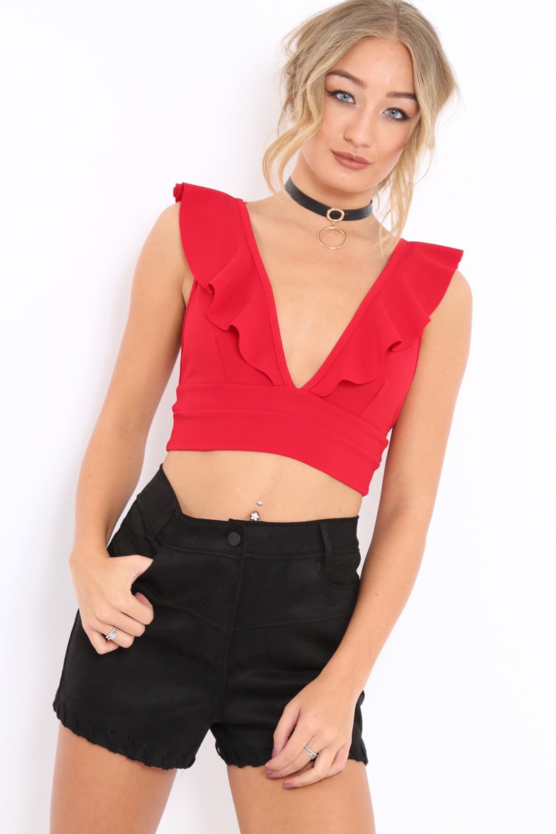 Red Plunge Ruffle Crop Top With Cut Out Back - Nia-Crop Tops