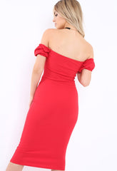 Red Plunge V Bardot Midi Bodycon Dress - Nanda-Dresses