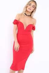 Red Plunge V Bardot Midi Bodycon Dress - Nanda-Dresses
