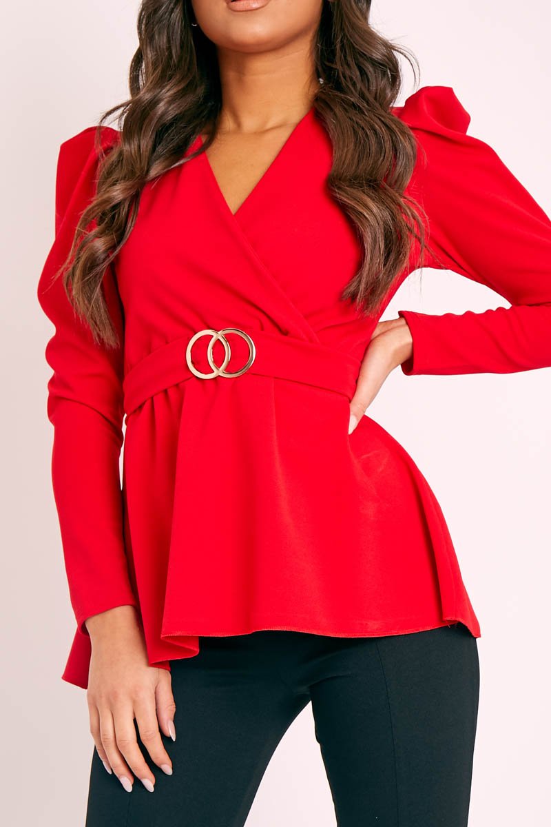 Red Plunging Double Circle Belt Puff Shoulder Blouse - Catia-Blouse