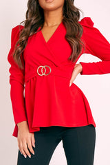 Red Plunging Double Circle Belt Puff Shoulder Blouse - Catia-Blouse
