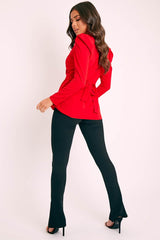 Red Plunging Double Circle Belt Puff Shoulder Blouse - Catia-Blouse