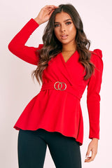 Red Plunging Double Circle Belt Puff Shoulder Blouse - Catia-Blouse