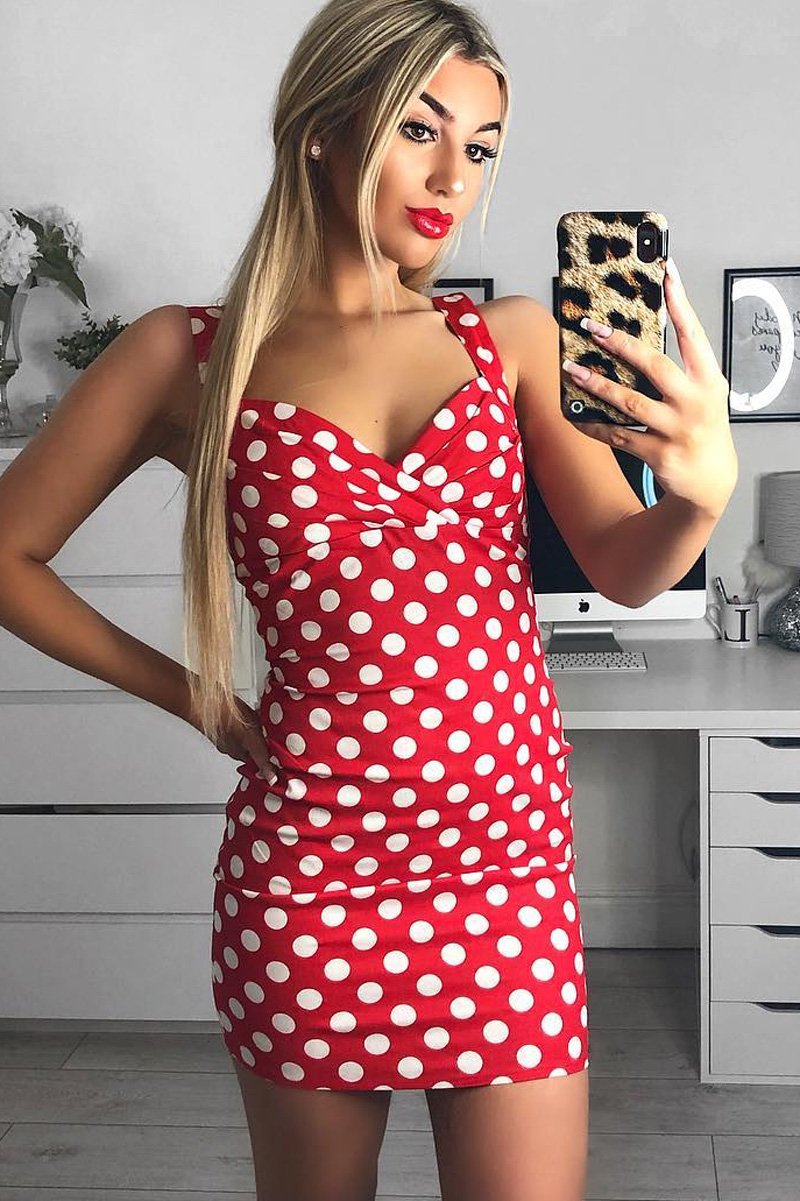 red and white polka dot bodycon dress VALENTINO Silk Red White Polka Dot Mini Dress Bodycon Pencil Sz 8 Medium