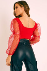Red Polka Dot Organza Sleeve Crop Top - Bianca-Crop Tops