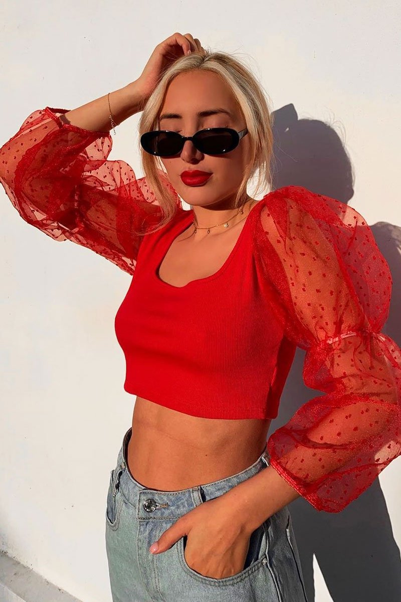 Red Polka Dot Organza Sleeve Crop Top - Bianca-Crop Tops