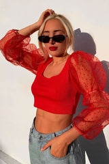 Red Polka Dot Organza Sleeve Crop Top - Bianca-Crop Tops