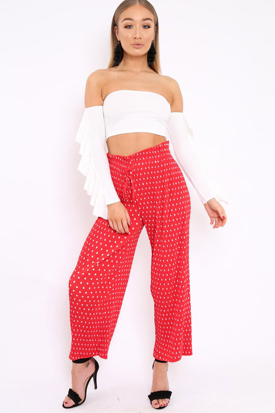 Red Polka Dot Paper Bag Waist Wide Legged Pleated Trousers - Louise