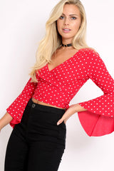 Red Polka Dot Plunge Bell Sleeve Crop Top - Merla-Crop Tops