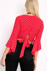 Red Polka Dot Plunge Bell Sleeve Crop Top - Merla-Crop Tops