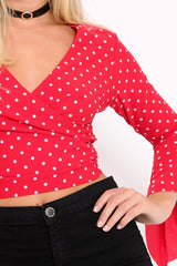 Red Polka Dot Plunge Bell Sleeve Crop Top - Merla-Crop Tops