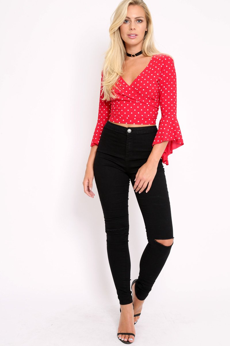 Red Polka Dot Plunge Bell Sleeve Crop Top - Merla-Crop Tops