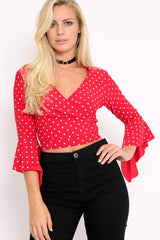 Red Polka Dot Plunge Bell Sleeve Crop Top - Merla-Crop Tops