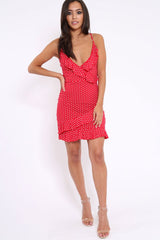 Red Polka Dot Wrap Dress with Frills - Beth-Dresses