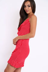 Red Polka Dot Wrap Dress with Frills - Beth-Dresses