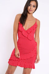 Red Polka Dot Wrap Dress with Frills - Beth-Dresses