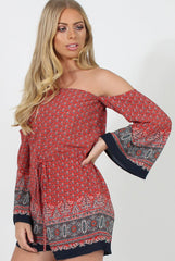 Red Print Bardot Playsuit - Malaya-Playsuits