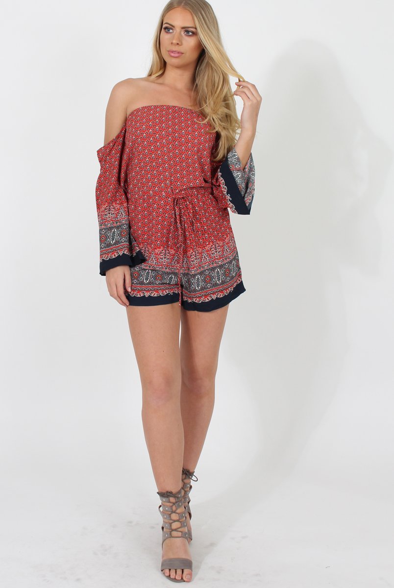 Red Print Bardot Playsuit - Malaya-Playsuits