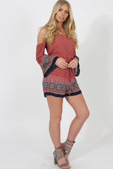 Red Print Bardot Playsuit - Malaya-Playsuits