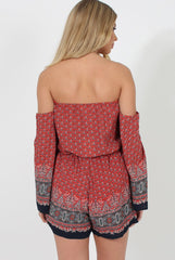 Red Print Bardot Playsuit - Malaya-Playsuits