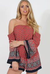 Red Print Bardot Playsuit - Malaya-Playsuits