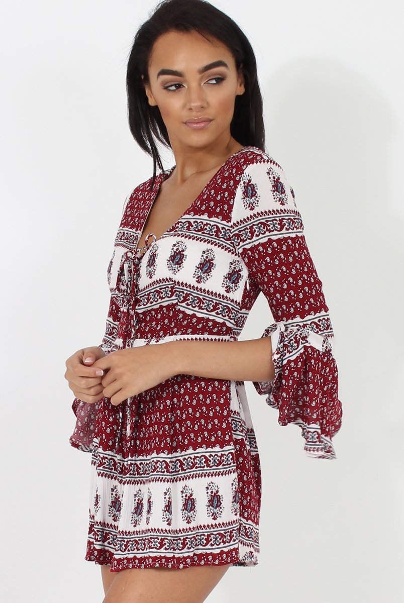 Red Print Low Cut Playsuit - Enya-Playsuits