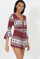 Red Print Low Cut Playsuit - Enya-Playsuits