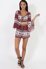 Red Print Low Cut Playsuit - Enya-Playsuits