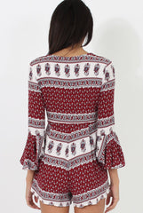 Red Print Low Cut Playsuit - Enya-Playsuits