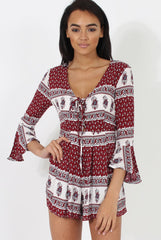 Red Print Low Cut Playsuit - Enya-Playsuits