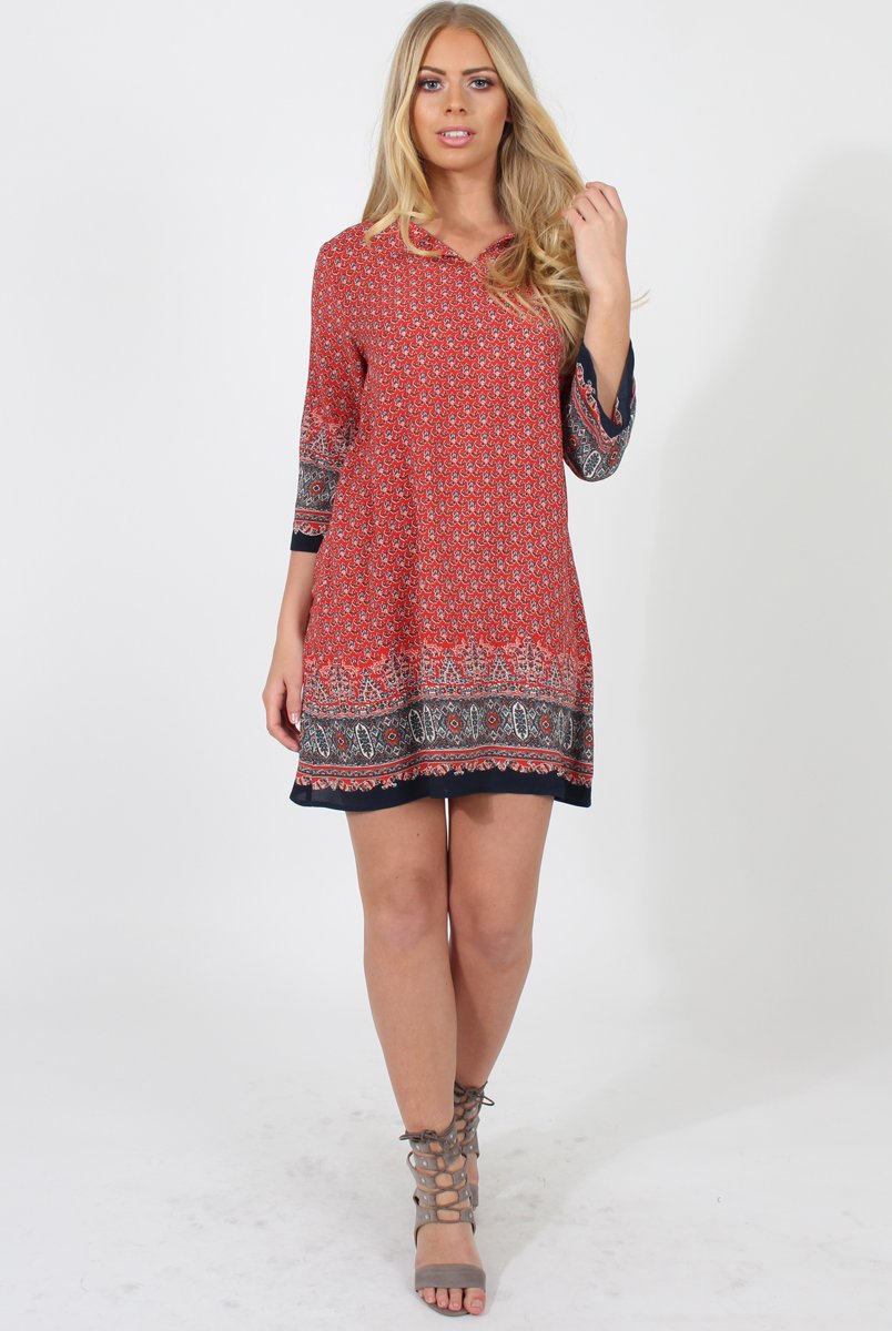 Red Print Shift Dress - Charlotte-Dresses