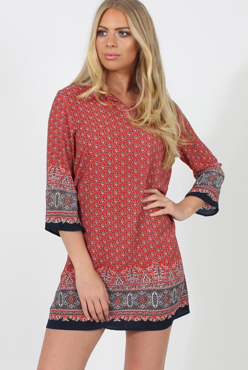 Red Print Shift Dress - Charlotte-Dresses