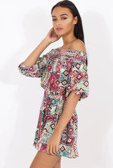 Red Printed Bardot Playsuit - Susannah-Playsuits