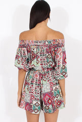 Red Printed Bardot Playsuit - Susannah-Playsuits