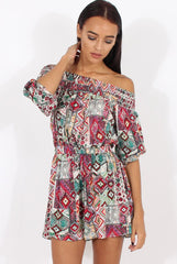 Red Printed Bardot Playsuit - Susannah-Playsuits