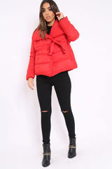Red Puffer Jacket with Tie Front - Lolamae-Jackets