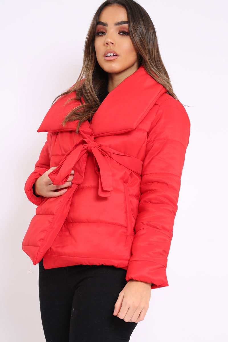 Red Puffer Jacket with Tie Front - Lolamae-Jackets