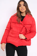 Red Puffer Jacket with Tie Front - Lolamae-Jackets