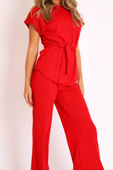 Red Ribbed Belted Top and Wide Leg Trouser Co-ord - Tyla-Co-ords
