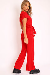 Red Ribbed Belted Top and Wide Leg Trouser Co-ord - Tyla-Co-ords