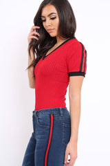 Red Ribbed Bodysuit with Contrast Trim - Libi-Bodysuits