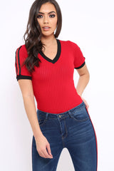 Red Ribbed Bodysuit with Contrast Trim - Libi-Bodysuits