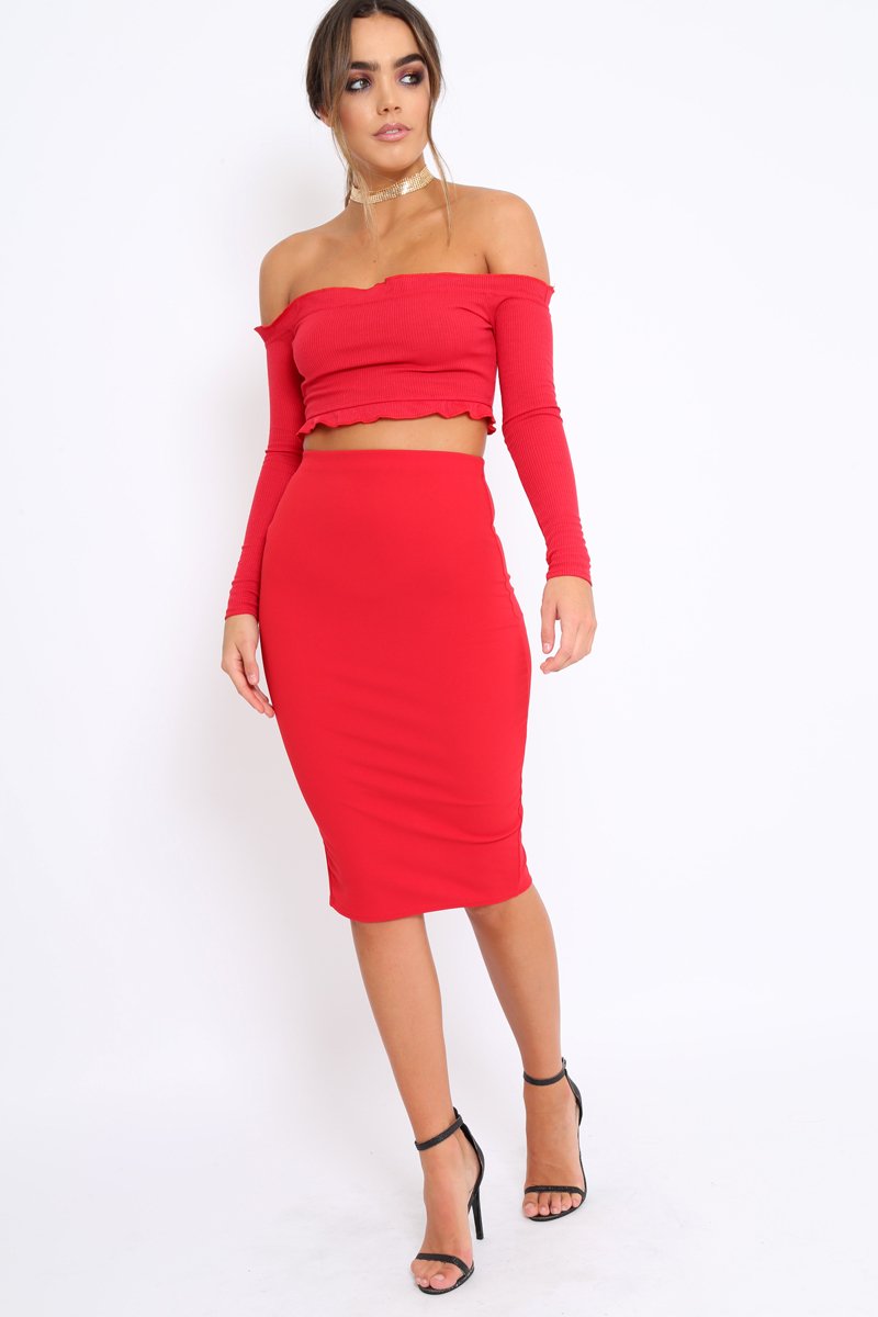 Red Ribbed Frill Bardot Crop Top - Cassidy-Crop Tops
