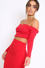 Red Ribbed Frill Bardot Crop Top - Cassidy-Crop Tops