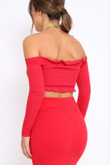 Red Ribbed Frill Bardot Crop Top - Cassidy-Crop Tops